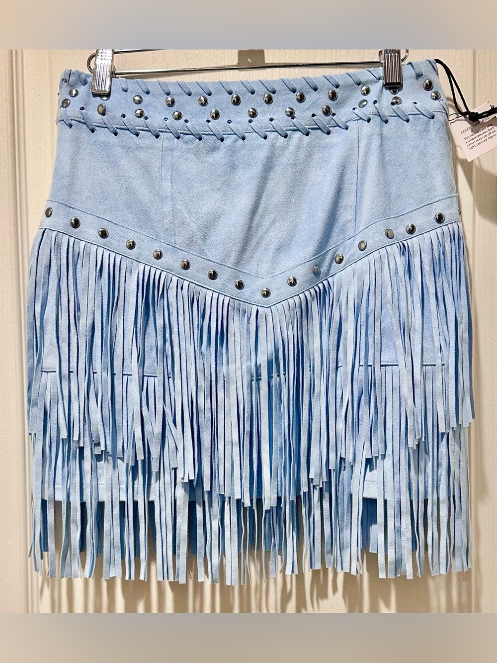 Idyllwind Sky Blue Faux Suede Studded Fringe Western Mini Skirt - Picture 7 of 8